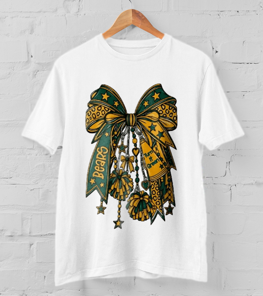 Bears Turn It Green Cheer Bow Stars And Pom Poms T-Shirt