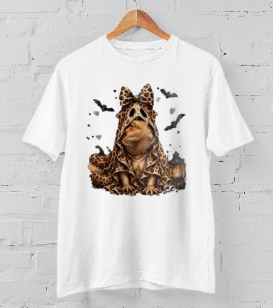 Bewitched Bearded Dragon Cloaked In Leopard Print With Lantern And Bats T-Shirt