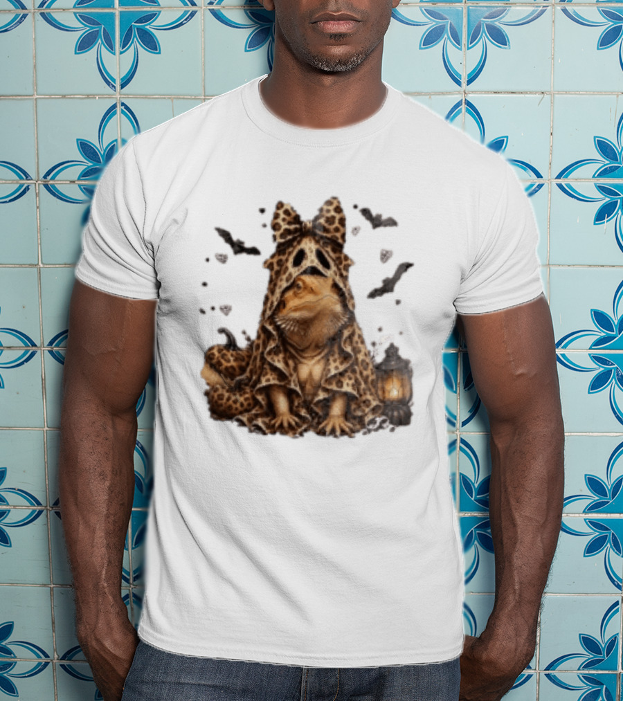 Bewitched Bearded Dragon Cloaked In Leopard Print With Lantern And Bats T-Shirt