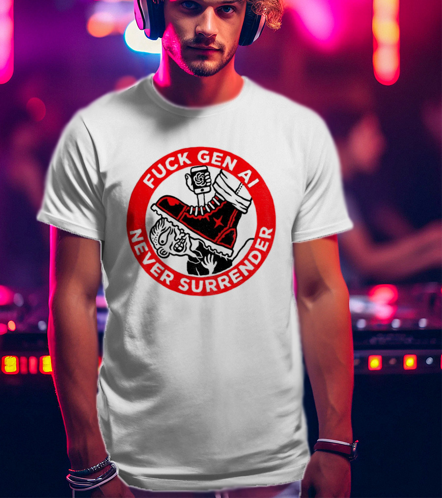 Fuck Gen AI Never Surrender Boot And Fist Circle T-Shirt