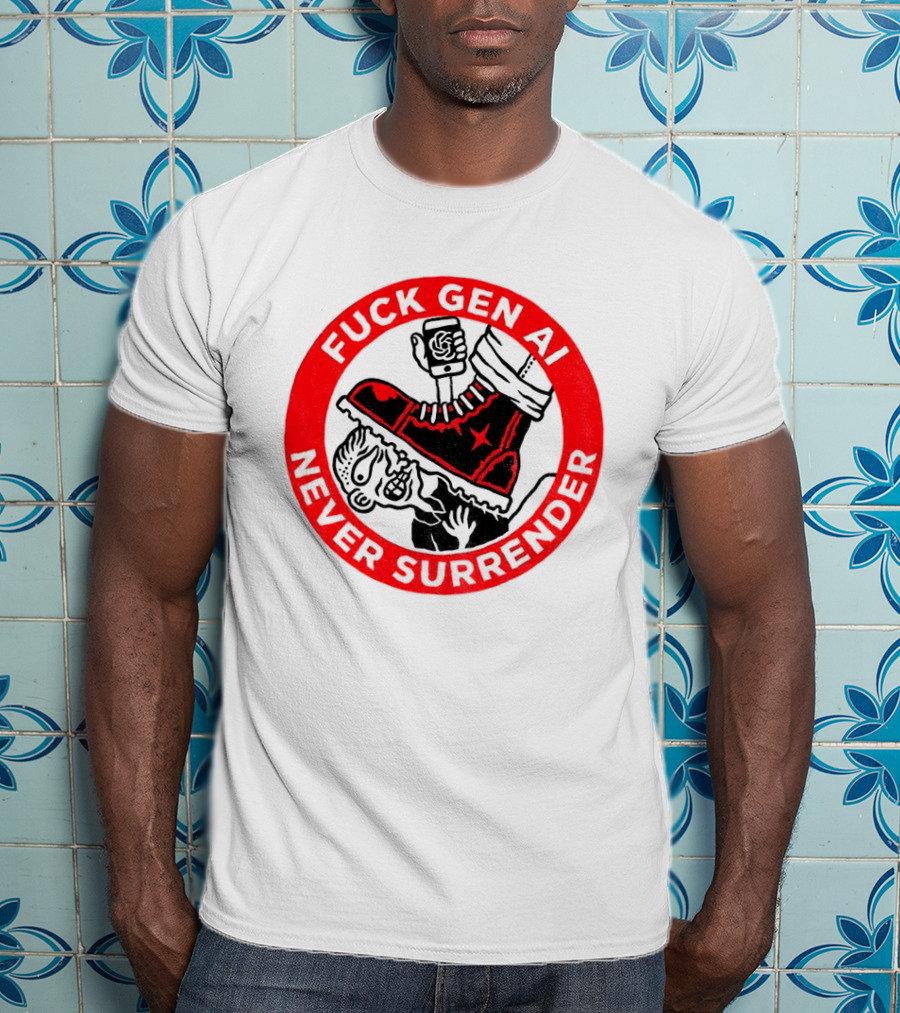 Fuck Gen AI Never Surrender Boot And Fist Circle T-Shirt