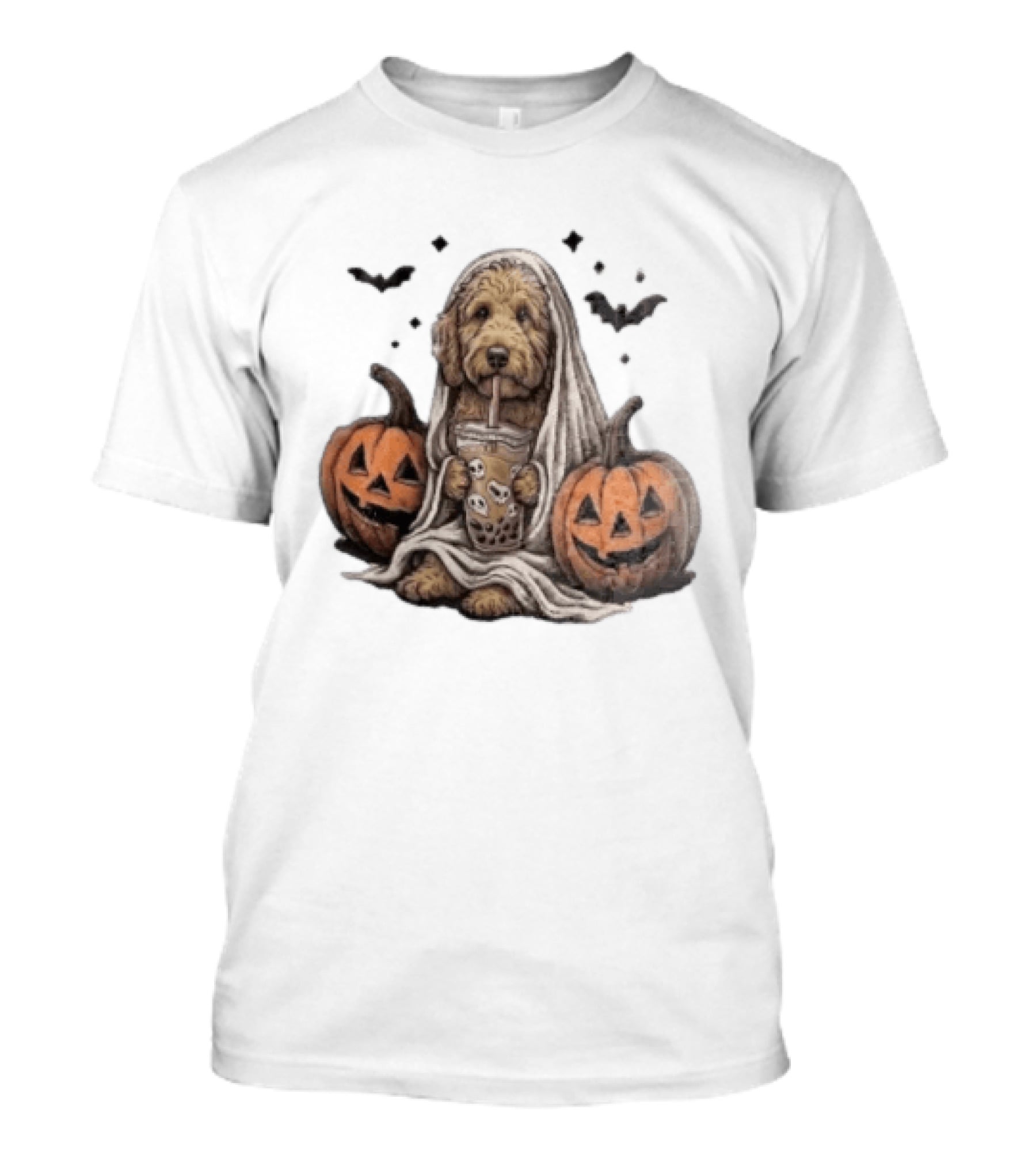 Goldendoodle Ghost With Boba Halloween Jack O'Lanterns And Bats T-Shirt