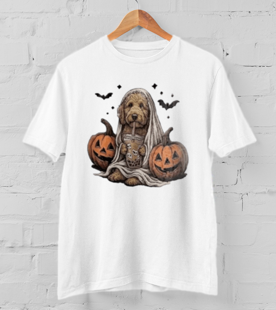 Goldendoodle Ghost With Boba Halloween Jack O'Lanterns And Bats T-Shirt