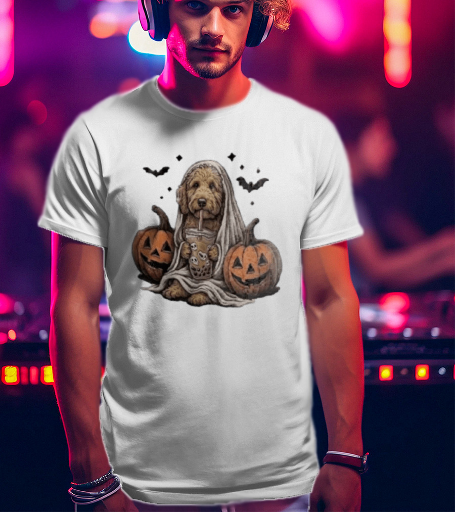 Goldendoodle Ghost With Boba Halloween Jack O'Lanterns And Bats T-Shirt