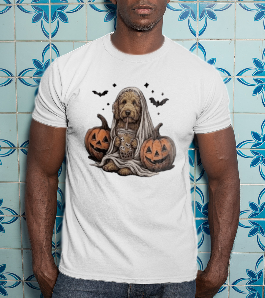 Goldendoodle Ghost With Boba Halloween Jack O'Lanterns And Bats T-Shirt