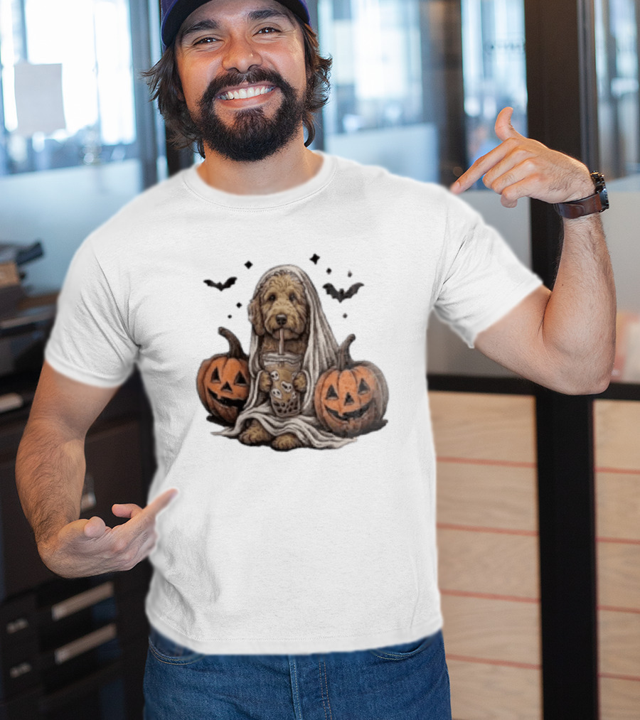 Goldendoodle Ghost With Boba Halloween Jack O'Lanterns And Bats T-Shirt