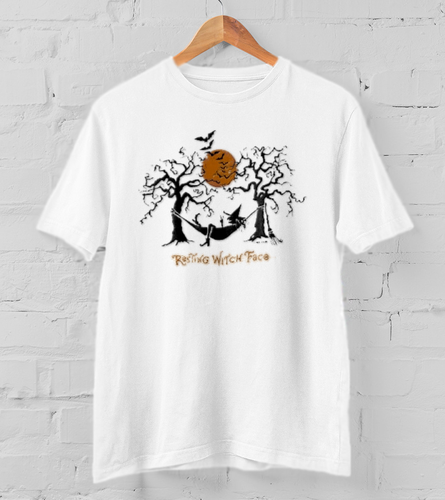 Resting Witch Face Halloween Hammock With Bats And Trees T-Shirt