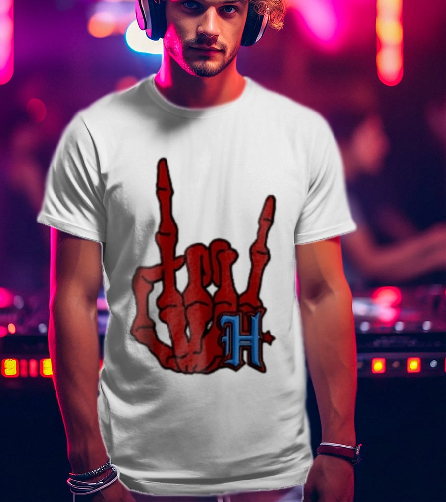 Red Skeleton Hand Sign With Blue H T-Shirt