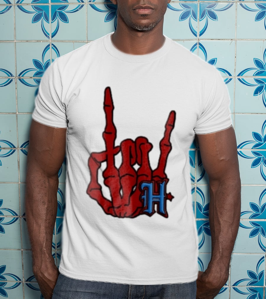 Red Skeleton Hand Sign With Blue H T-Shirt