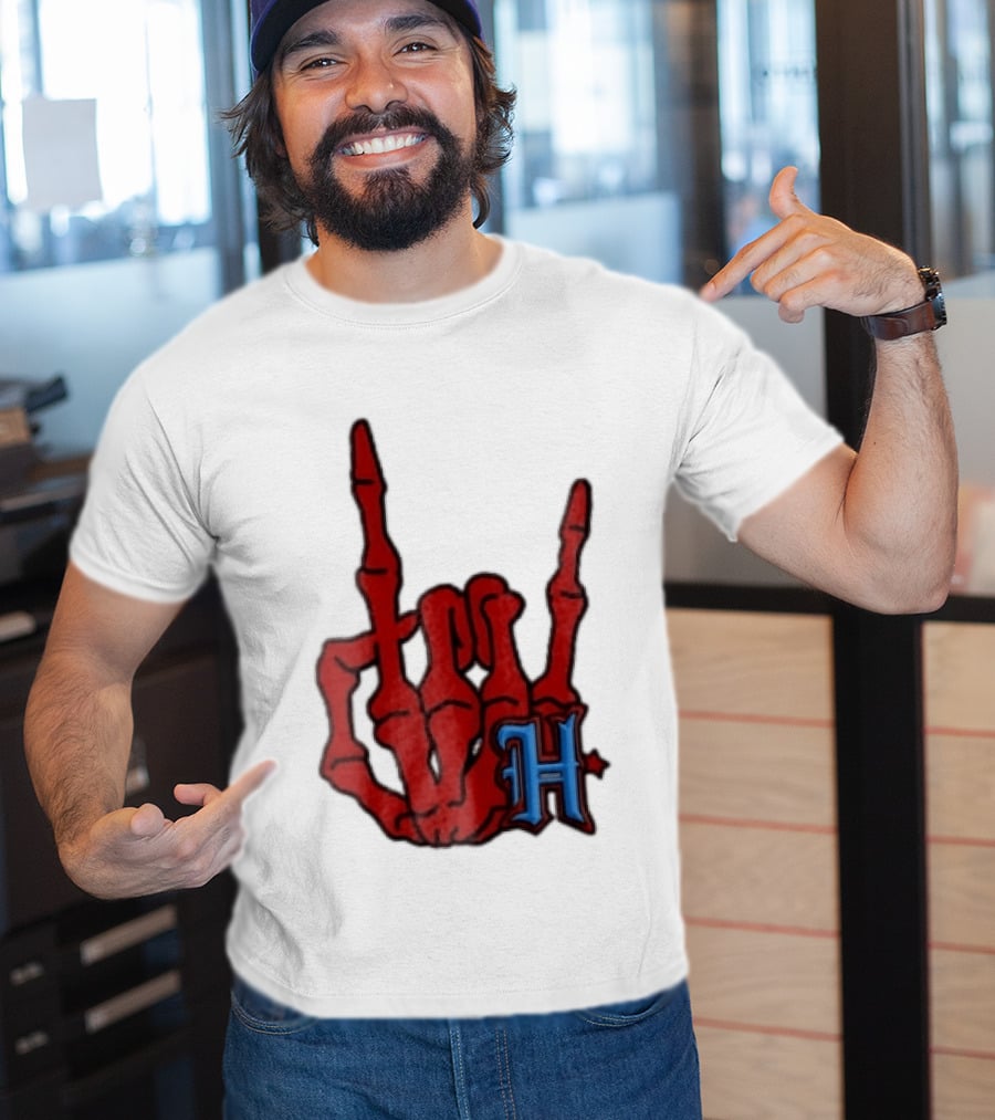 Red Skeleton Hand Sign With Blue H T-Shirt