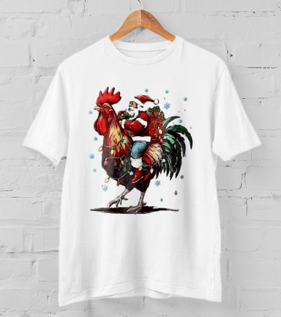Caricature Santa Riding Rooster With Christmas Presents And Snowflakes T-Shirt
