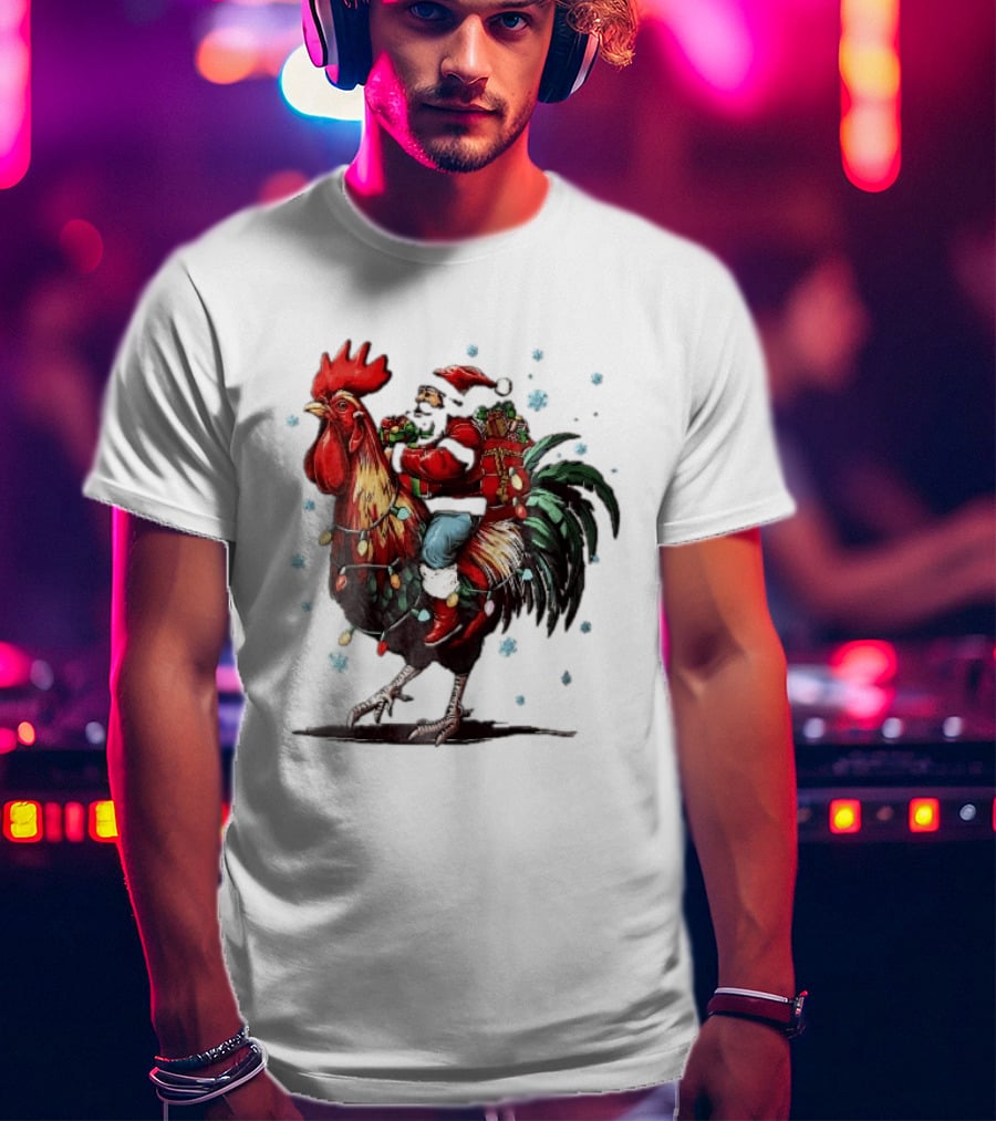 Caricature Santa Riding Rooster With Christmas Presents And Snowflakes T-Shirt