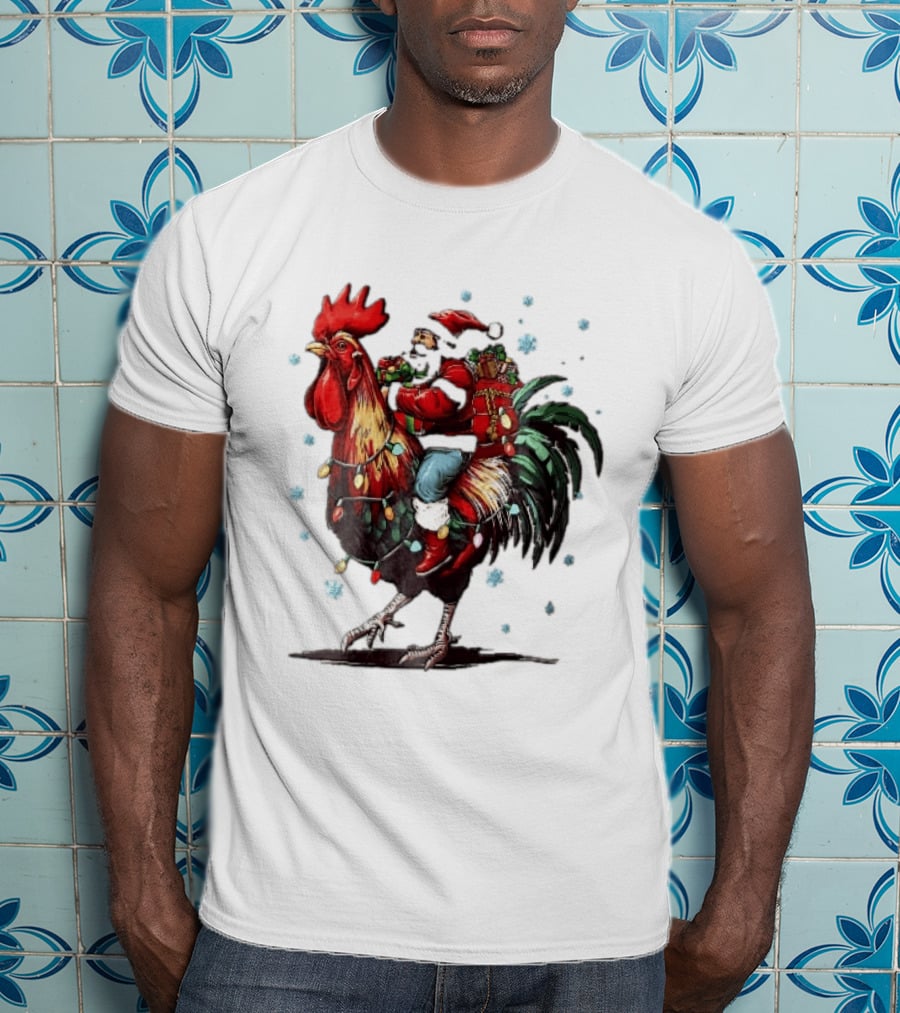 Caricature Santa Riding Rooster With Christmas Presents And Snowflakes T-Shirt