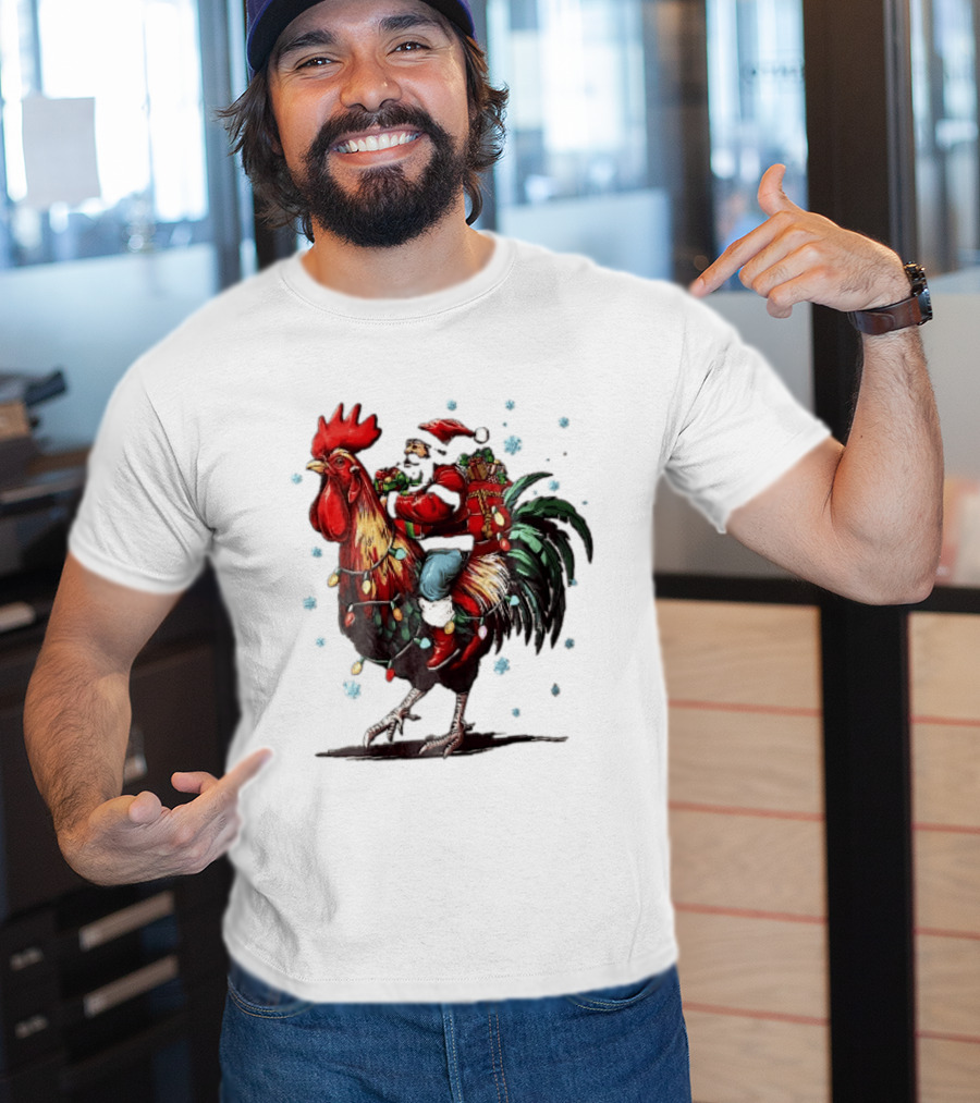 Caricature Santa Riding Rooster With Christmas Presents And Snowflakes T-Shirt