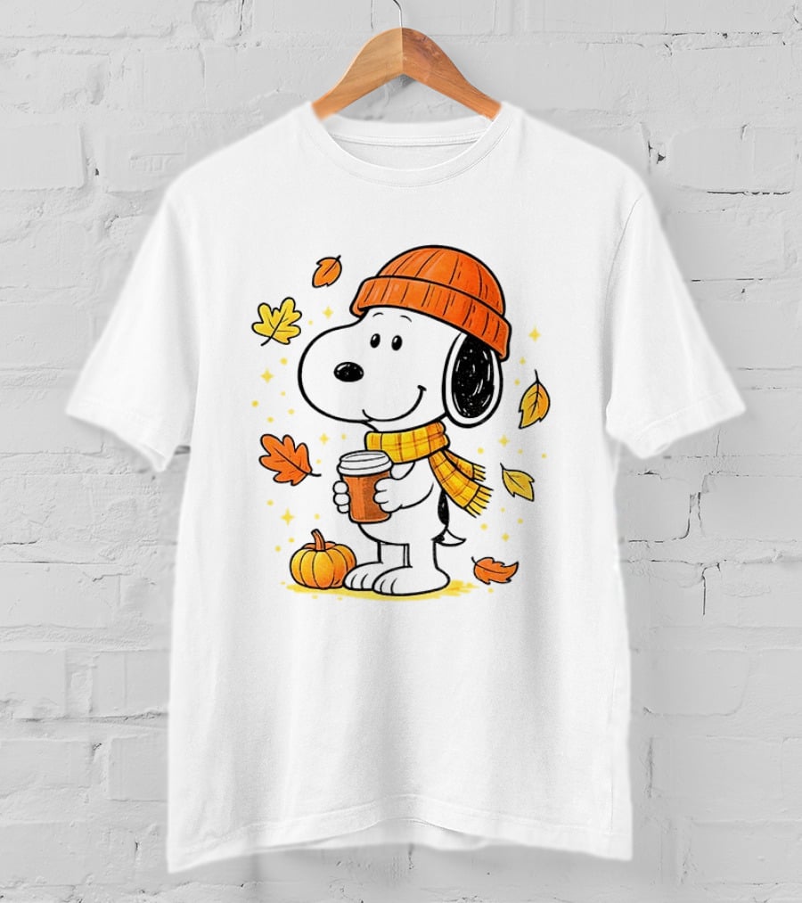 Snoopy Fall Autumn Coffee Pumpkin Leaves Warm Scarf Beanie Hat T-Shirt