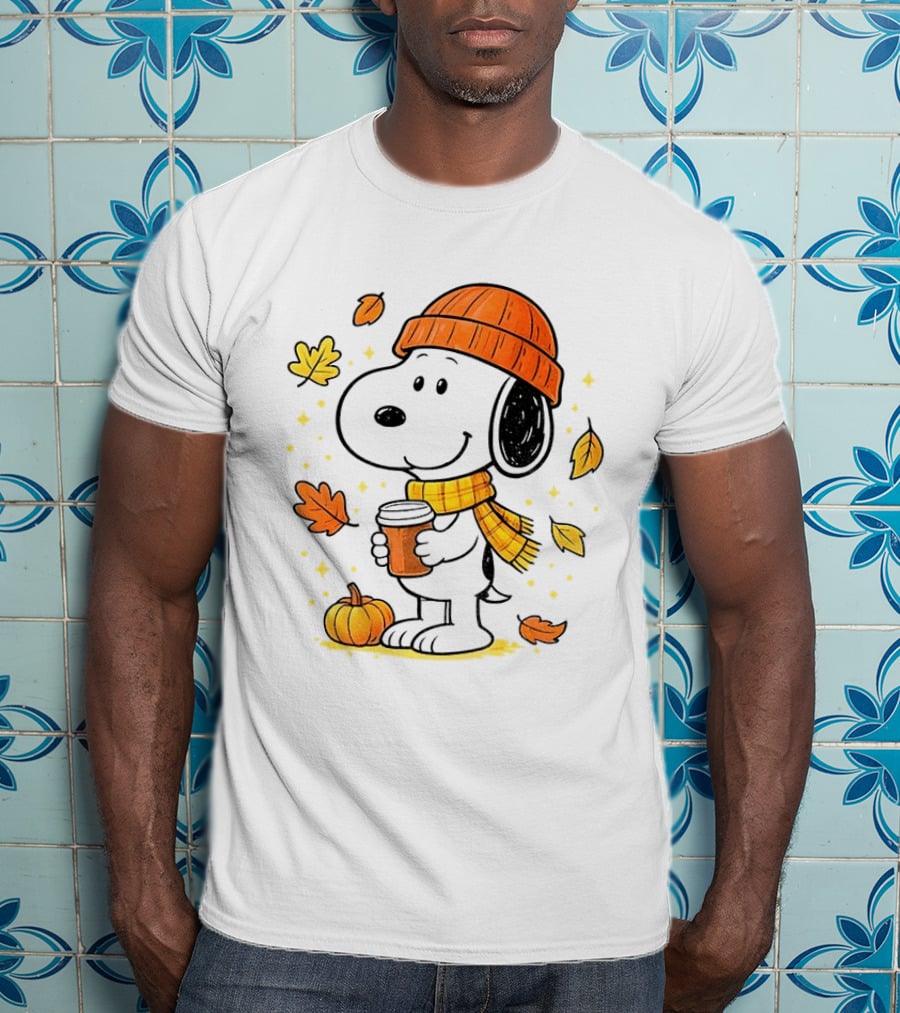 Snoopy Fall Autumn Coffee Pumpkin Leaves Warm Scarf Beanie Hat T-Shirt