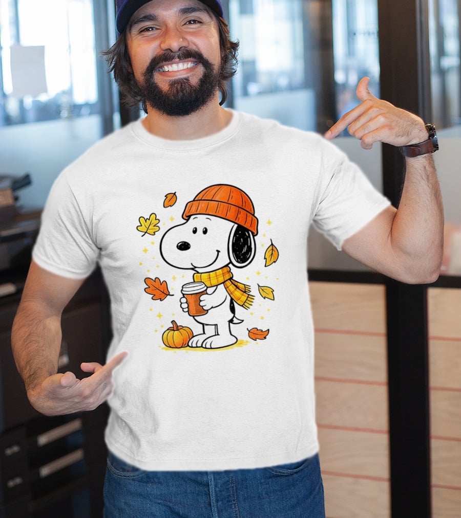 Snoopy Fall Autumn Coffee Pumpkin Leaves Warm Scarf Beanie Hat T-Shirt