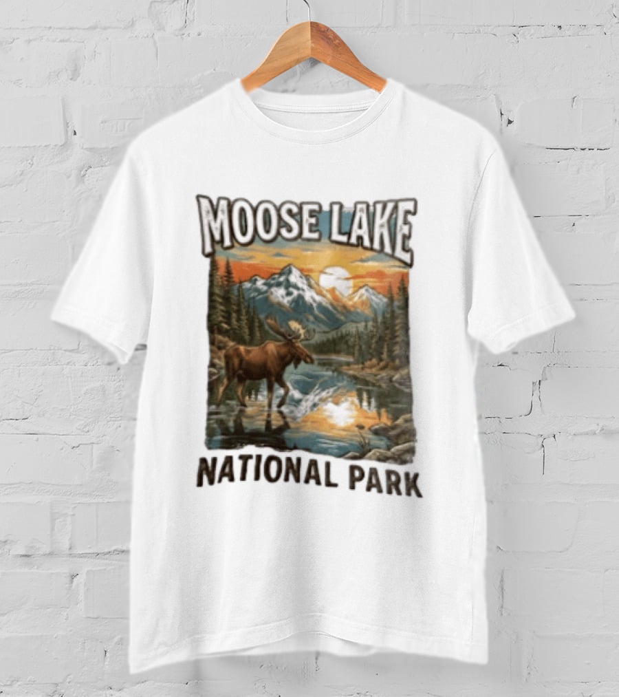 Moose Lake National Park Moose In Water Scenic Mountain Landscape T-Shirt
