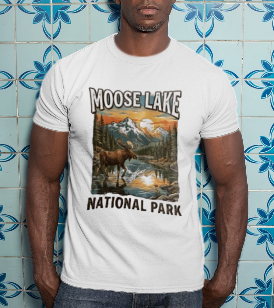 Moose Lake National Park Moose In Water Scenic Mountain Landscape T-Shirt