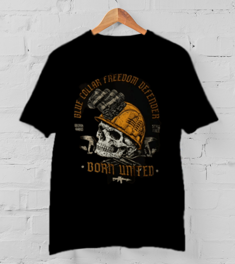 Blue Collar Freedom Defender Born United Stay Free Skull Helmet T-Shirt
