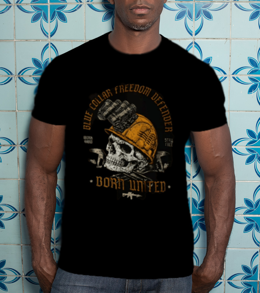 Blue Collar Freedom Defender Born United Stay Free Skull Helmet T-Shirt