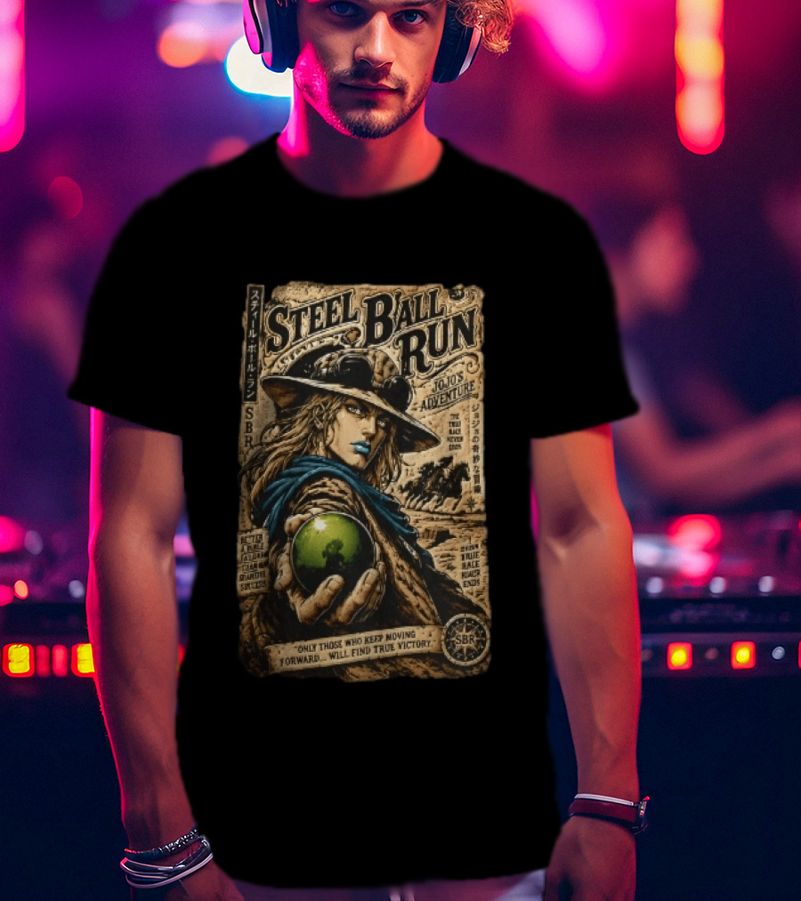 Steel Ball Run Jojo's Adventure Gyro Zeppeli Holding Steel Ball Desert Motif SBR True Man's World Ends Victory T-Shirt