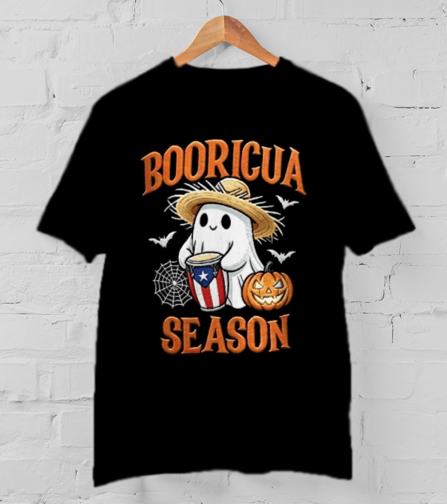 Booricua Season Ghost With Puerto Rico Flag Conga And Pumpkin T-Shirt