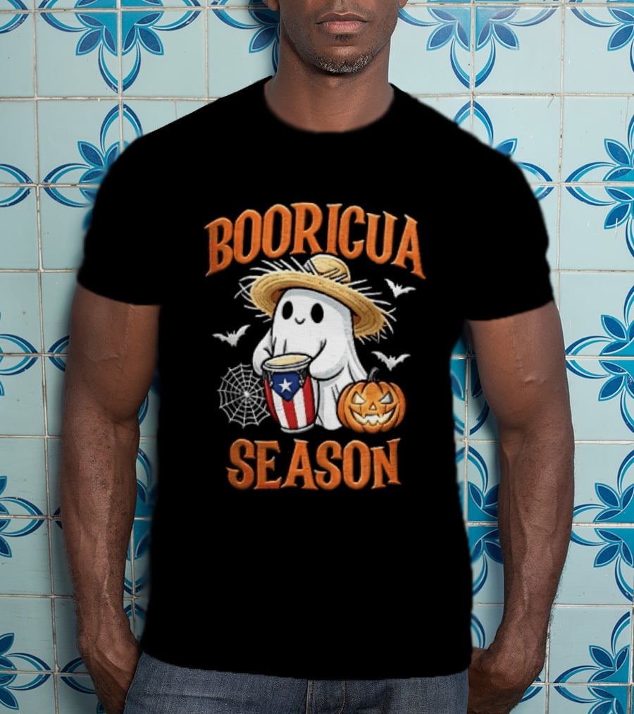 Booricua Season Ghost With Puerto Rico Flag Conga And Pumpkin T-Shirt