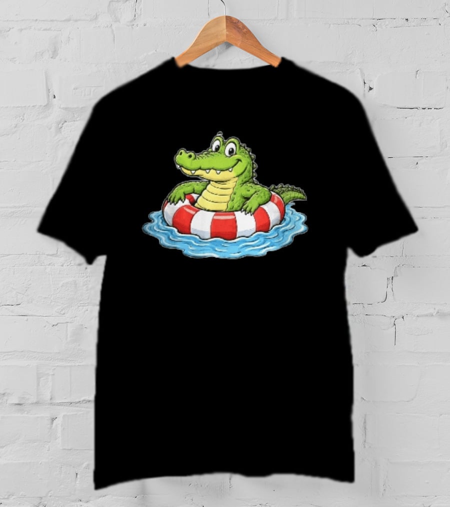Cartoon Crocodile Relaxing In Red And White Life Buoy On Water T-Shirt