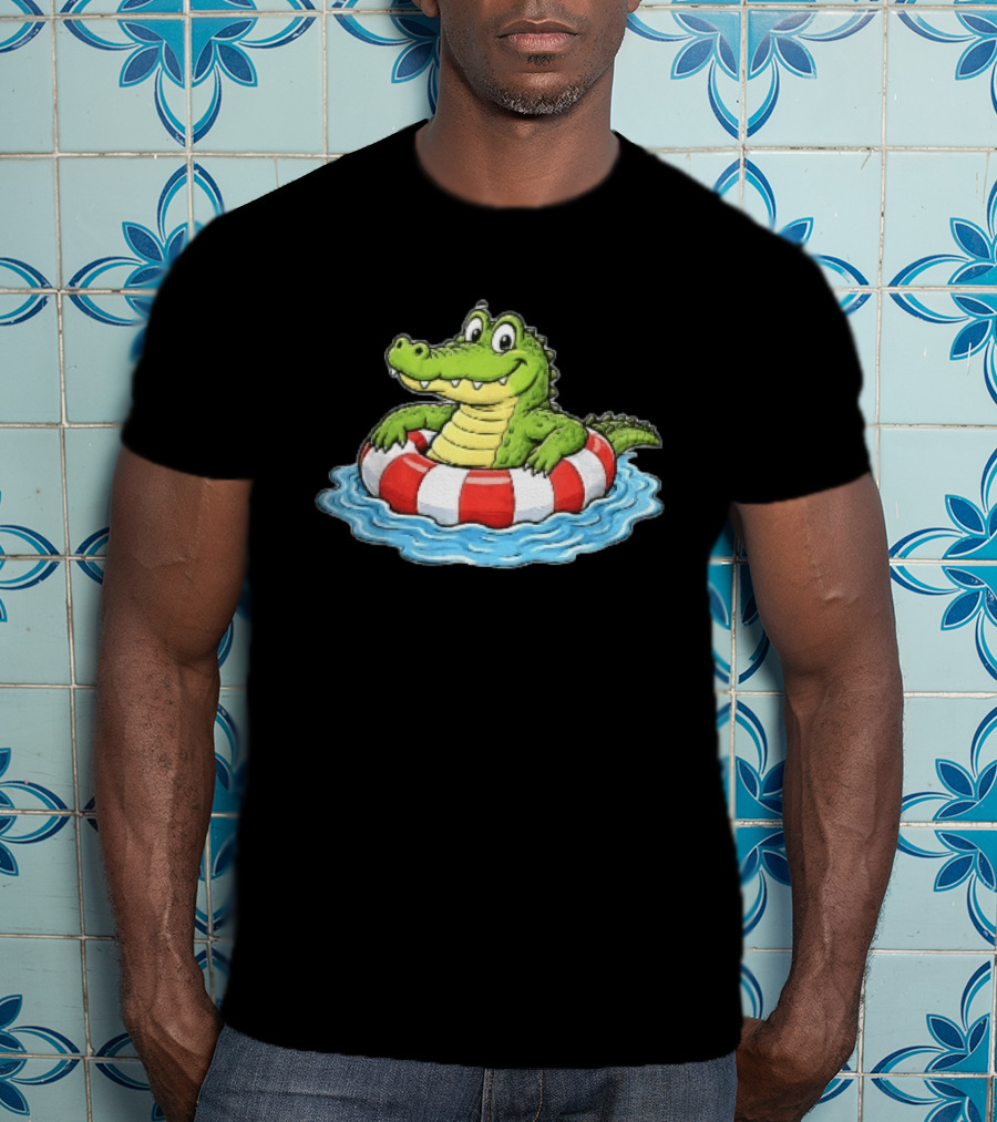 Cartoon Crocodile Relaxing In Red And White Life Buoy On Water T-Shirt