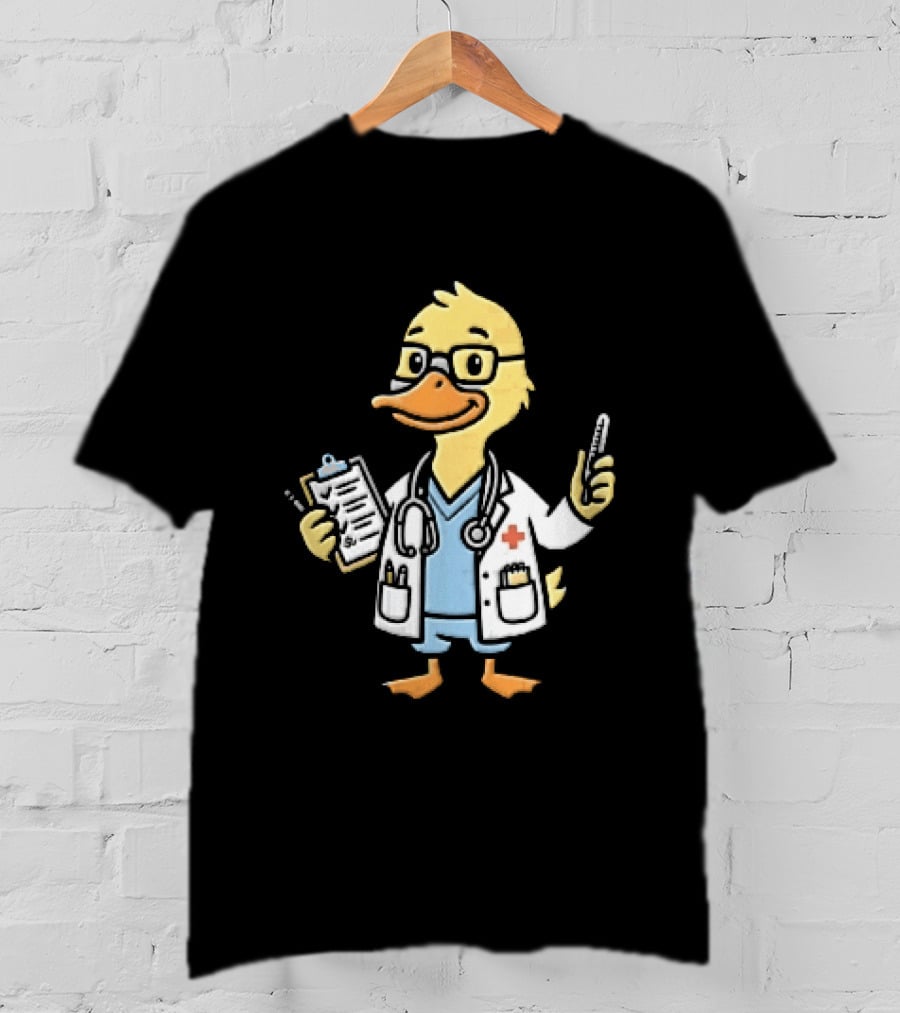 Cartoon Yellow Duck Doctor With Stethoscope Thermometer And Clipboard T-Shirt