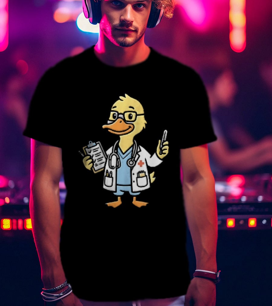 Cartoon Yellow Duck Doctor With Stethoscope Thermometer And Clipboard T-Shirt