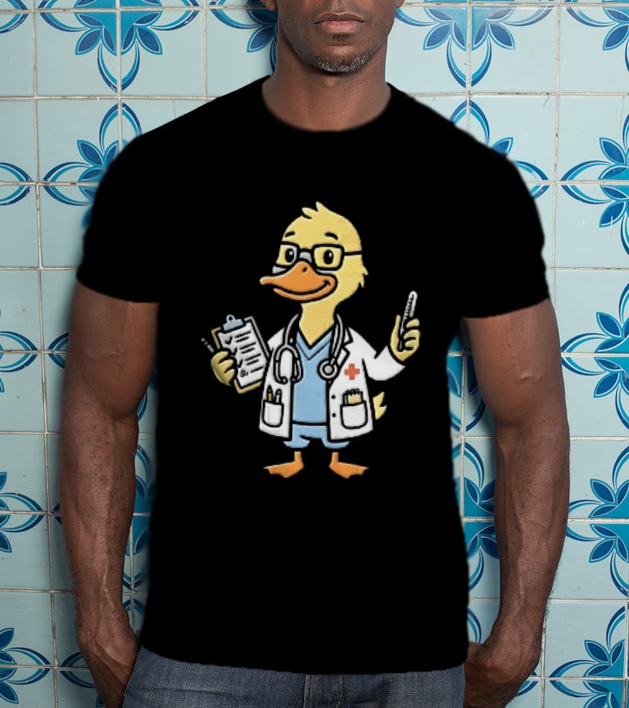 Cartoon Yellow Duck Doctor With Stethoscope Thermometer And Clipboard T-Shirt