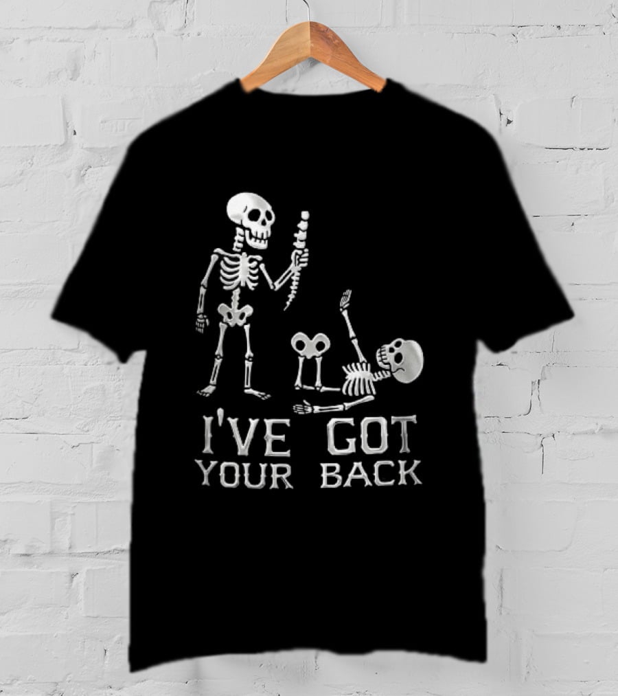 I've Got Your Back Skeleton Humor Holding Spine Over Fallen Body T-Shirt