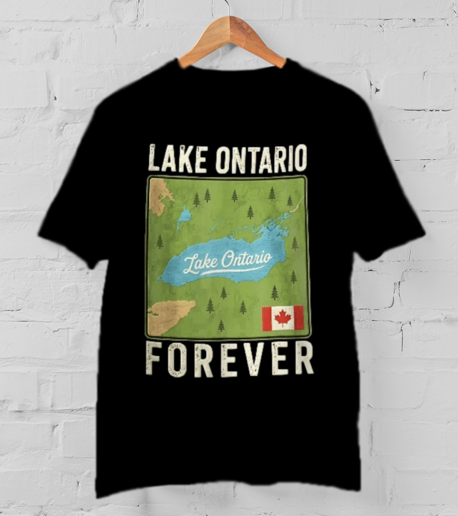 Lake Ontario Forever Distressed Map With Canadian Flag And Pine Trees T-Shirt