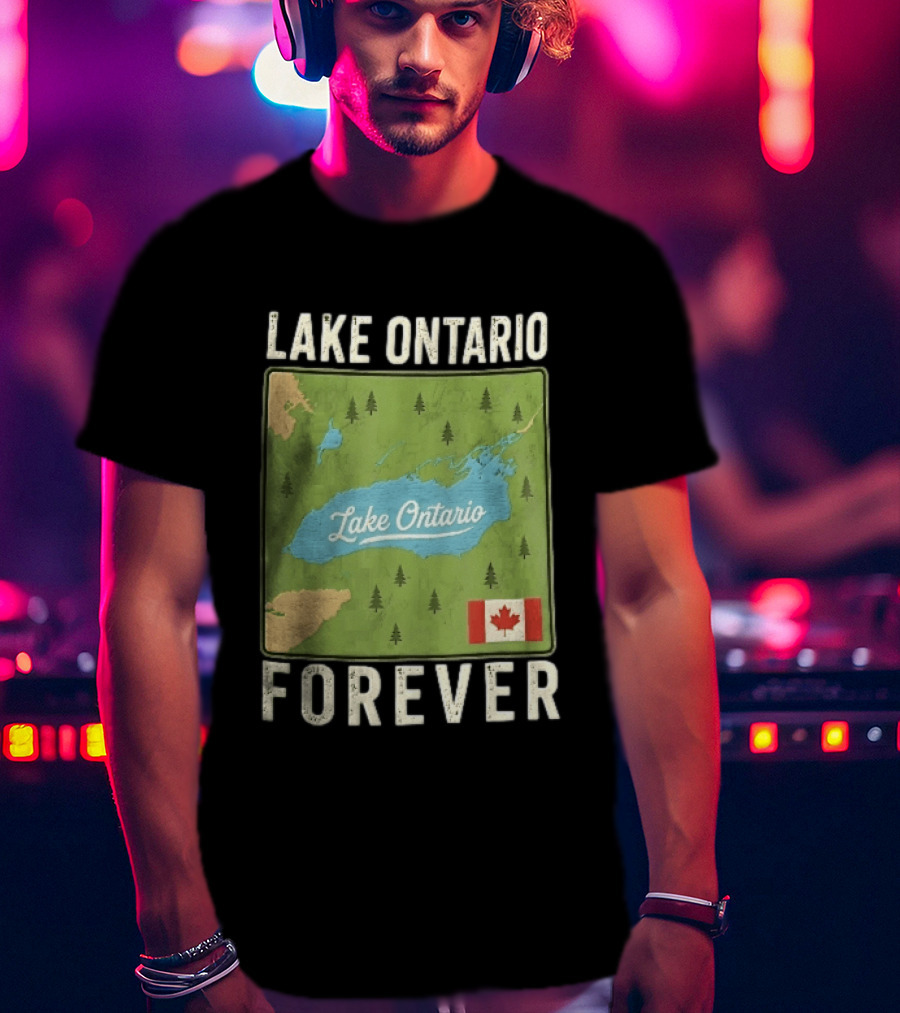 Lake Ontario Forever Distressed Map With Canadian Flag And Pine Trees T-Shirt
