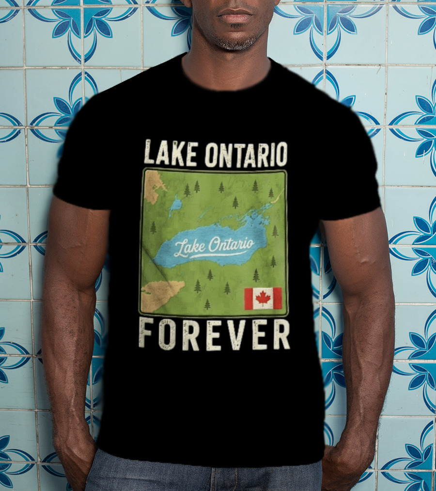 Lake Ontario Forever Distressed Map With Canadian Flag And Pine Trees T-Shirt