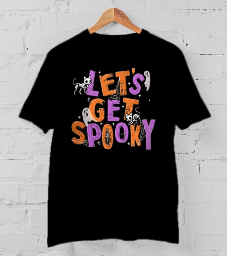 Let's Get Spooky Skeleton Cats Ghosts Spiderwebs Halloween T-Shirt