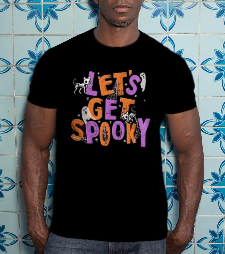 Let's Get Spooky Skeleton Cats Ghosts Spiderwebs Halloween T-Shirt