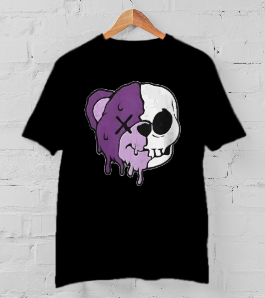 Dripping Purple Teddy Bear Skull Split Face Cartoon T-Shirt