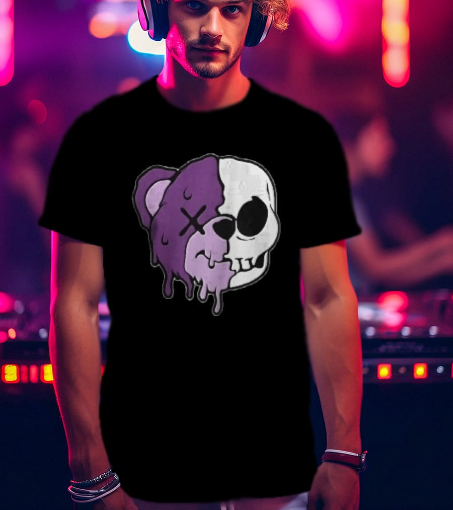 Dripping Purple Teddy Bear Skull Split Face Cartoon T-Shirt