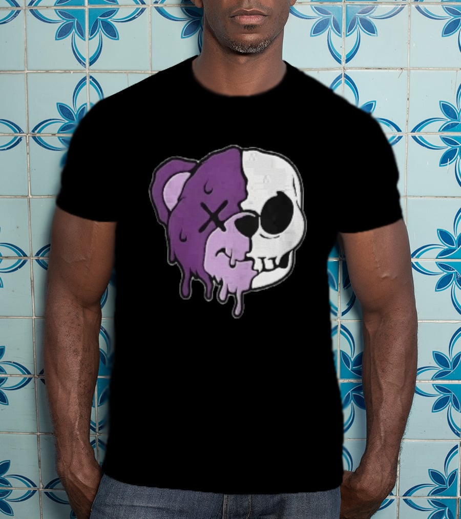 Dripping Purple Teddy Bear Skull Split Face Cartoon T-Shirt