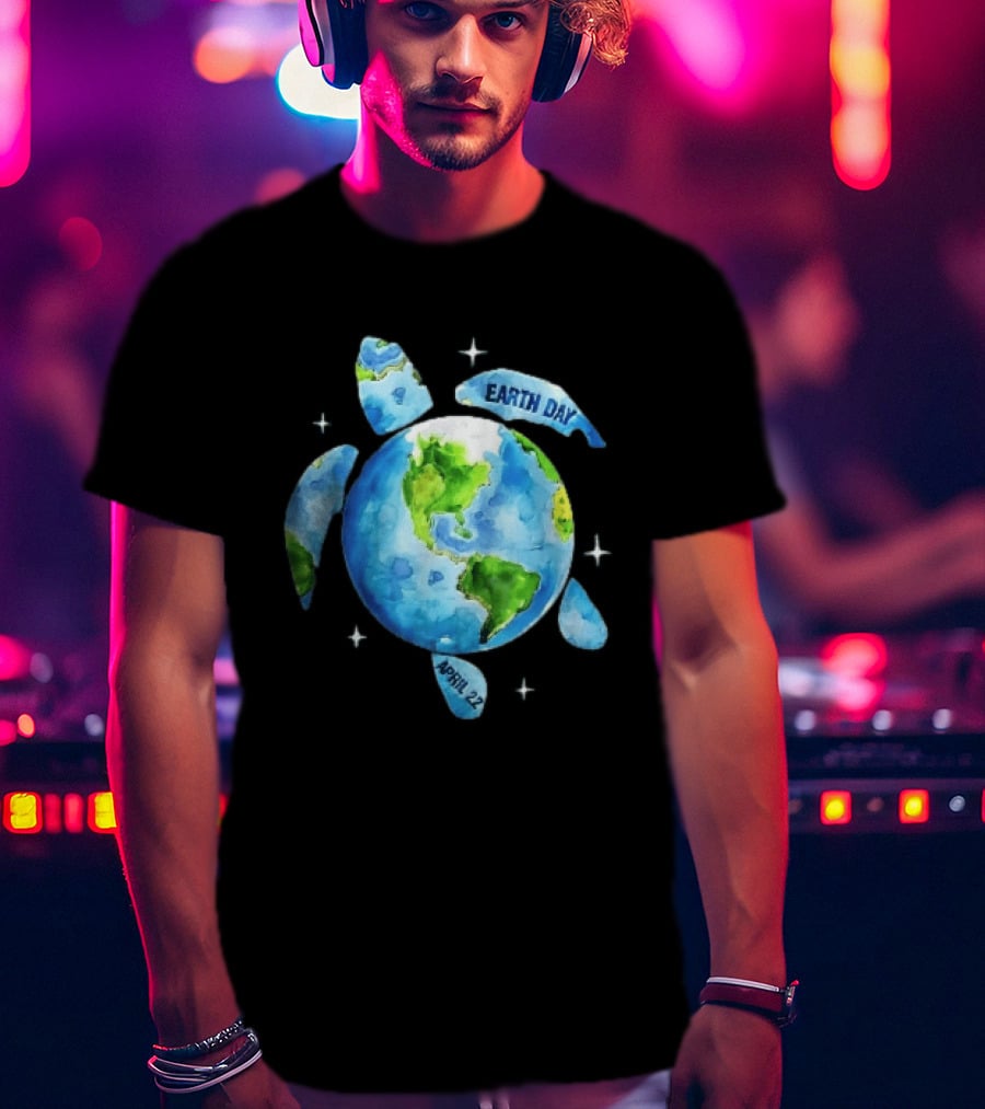 Earth Day April 22 Watercolor Globe Sea Turtle Outer Space T-Shirt