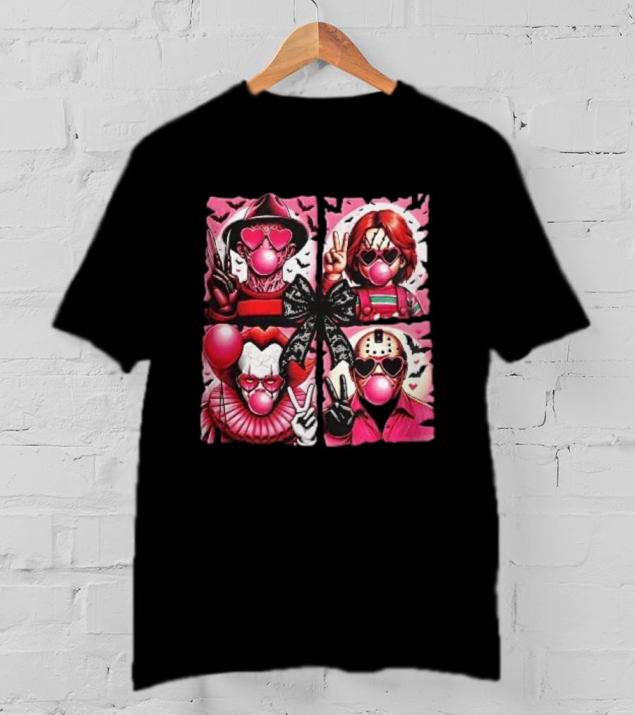 Heart Sunglasses Bubblegum Horror Villains With Peace Signs And Lace Bow T-Shirt