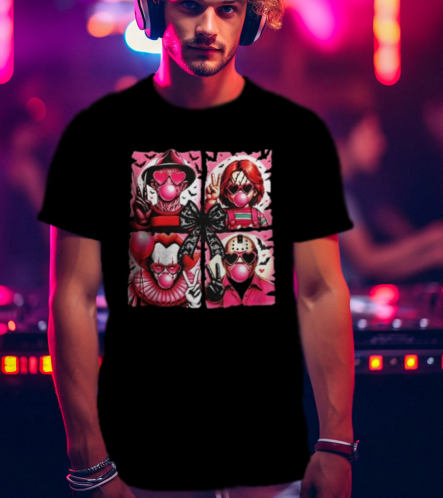 Heart Sunglasses Bubblegum Horror Villains With Peace Signs And Lace Bow T-Shirt