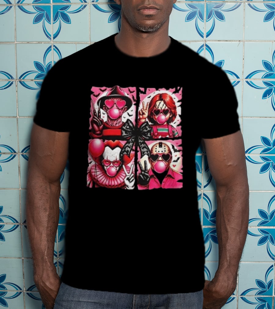 Heart Sunglasses Bubblegum Horror Villains With Peace Signs And Lace Bow T-Shirt