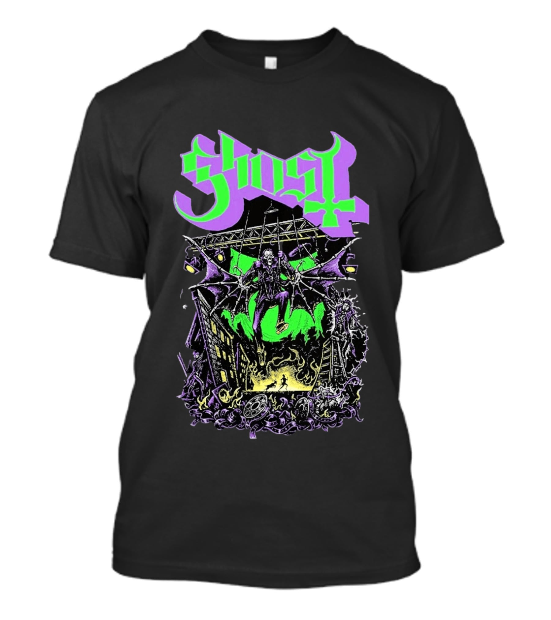 Ghost 2 Big To Rig Cursed Production Artwork With Bat Wings And Fire Scene T-Shirt