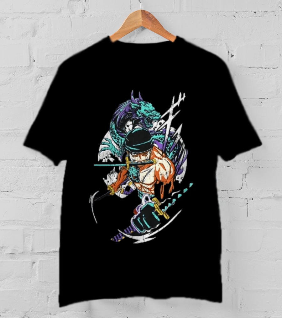Three Sword Anime Fighter Green Dragon Warrior Distressed T-Shirt