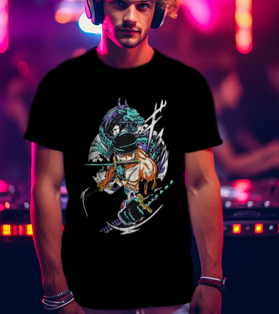 Three Sword Anime Fighter Green Dragon Warrior Distressed T-Shirt