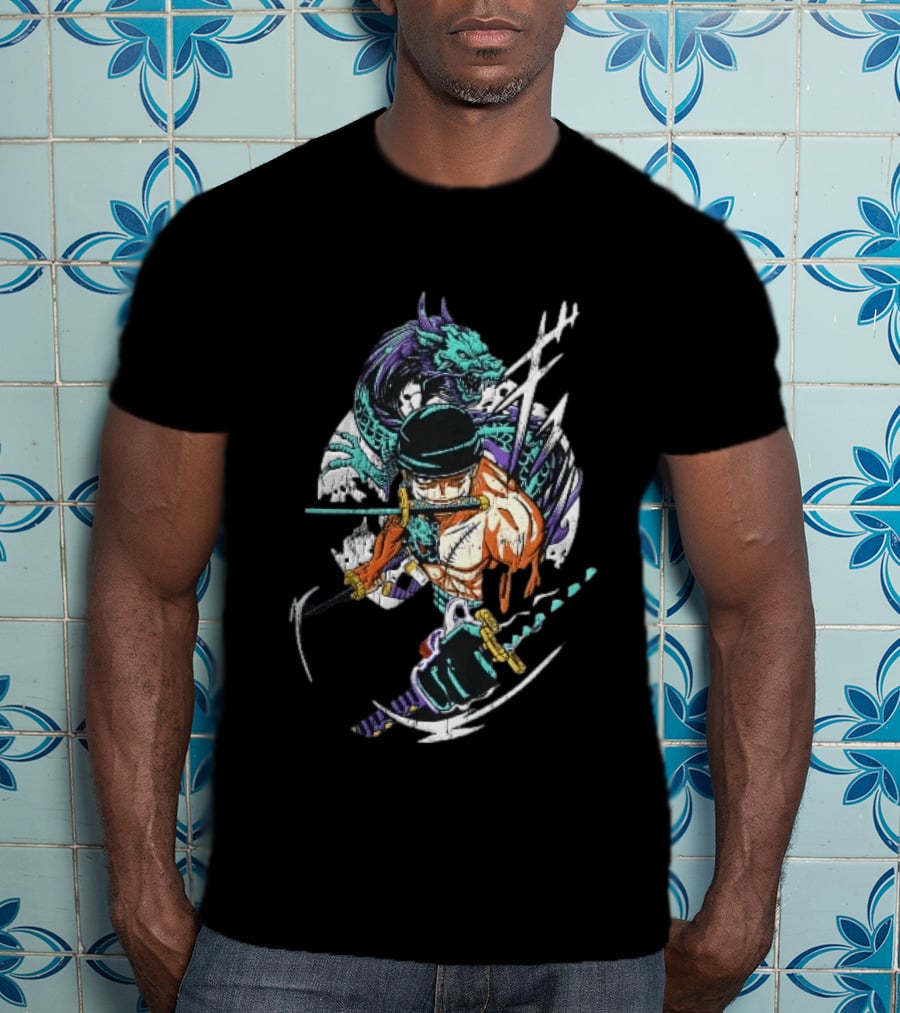 Three Sword Anime Fighter Green Dragon Warrior Distressed T-Shirt